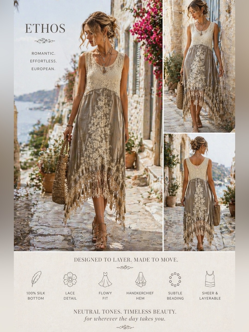 ETHOS Silk Lace Sheer Handkerchief Hem Dress Neutral flowy medium romantic